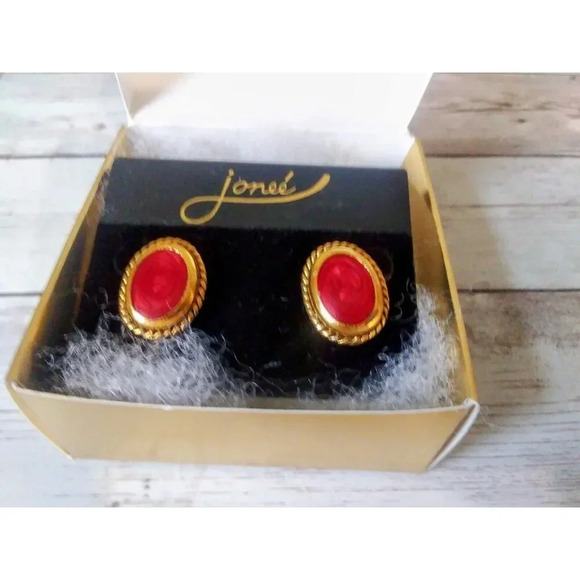Perfect Condition! 1980s Red and Gold-Plated Oval Post Earrings by Jonee - Picture 1 of 5